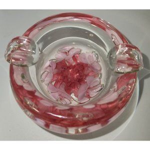 Vintage Art Glass Ashtray Pink Flower Paperweight Hand Blown Bubble Joe St Clair